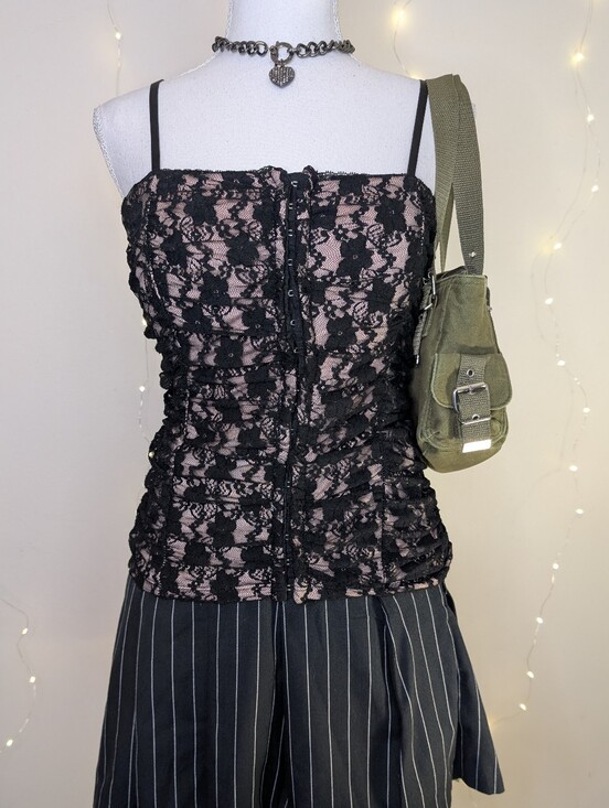 Source Unknown Tops - Black And Pink Lace Overlay Cami Corset Top - Goth Y2k